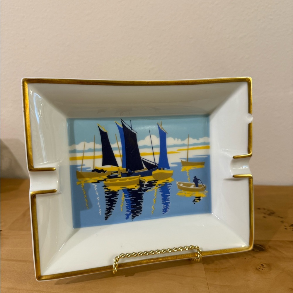 Hermes Sailboat Design Decorative Dish with Gold Trim